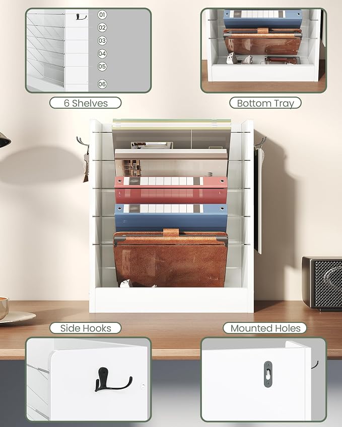Wall File Holder, 6-Tier File Organizer, Office Supplies Storage Rack, Versatile Desktop Organizer, with Detachable Shelves, with Side Hooks, for Living Room, Study, Home Office, White MWJ02WB - Image 5