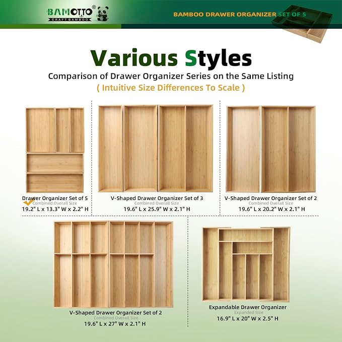 BAMOTTO CRAFTBAMBOO Stackable Bamboo Drawer Organizer Set of 5 for Kitchen | Utensil Cutlery Tray | Flatware & Silverware Organizer | Office & Bathroom | 13.4"×4.5"(×2) / 10.2"×3.3"(×2) / 10.2"×6.7" - Image 7