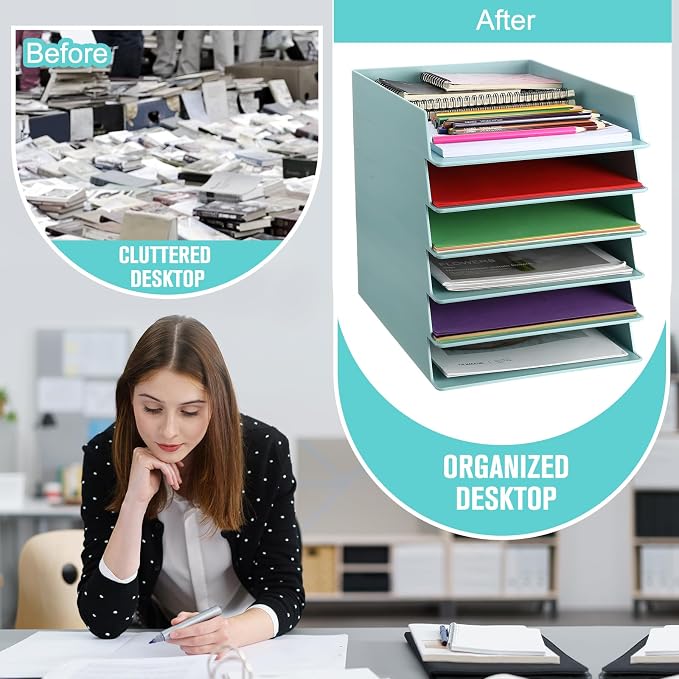 Tatuo 6 Pack Stackable Paper Trays Plastic Letter Tray Desk Organizer Paper Holder Organizer Storage Office Desk Accessories for Classroom Magazine File Documents 12.8 x 9.45 x 1.97, Blue Green - Image 3