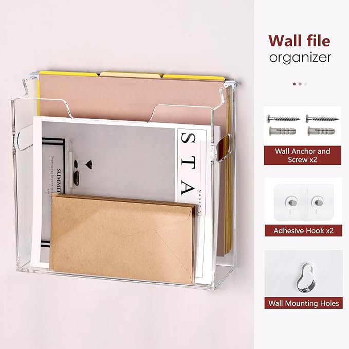 DINGHUO Acrylic Letter Size Hanging File Organizer for Wall Mounted/Desktop | Wall Mail Paper Folder Organizer with Handle, Clear Magazine Holder for Office Home School (No Assembly Required) - Image 3