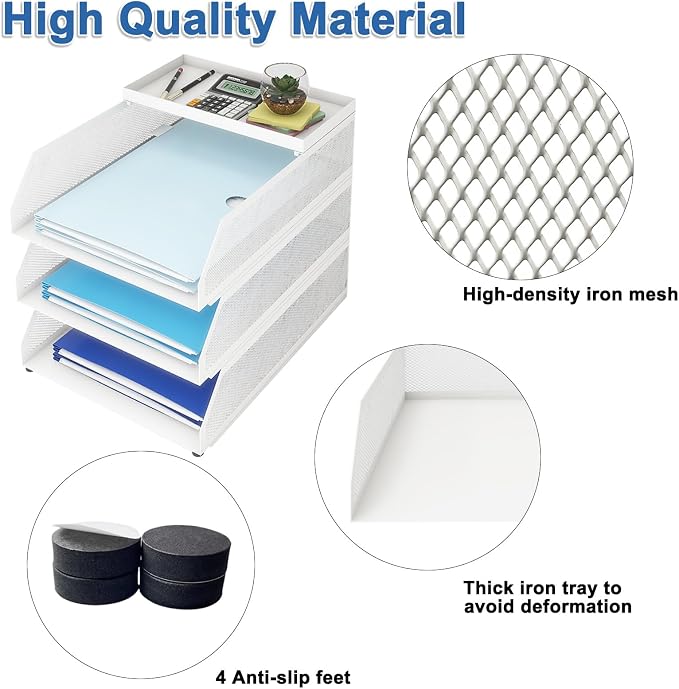 Natwind 3-Tier Stackable Metal Mesh Desk Paper Tray Organizer, White | Desktop Accessories for Office Supplies, Letter Tray For Paper Storage ,File Document Holder For Home School Classroom - Image 3