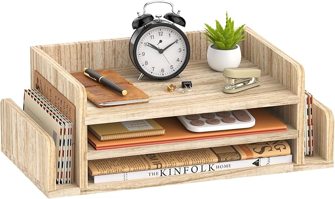 Wooden Desk Organizer, 3-Tier Paper Trays with 2 Mail Sorters, Natural Wood | Fully assembled with open shelves and side slots for sorting files, folder, letter, bill, magazine, notebook by SUPEASY