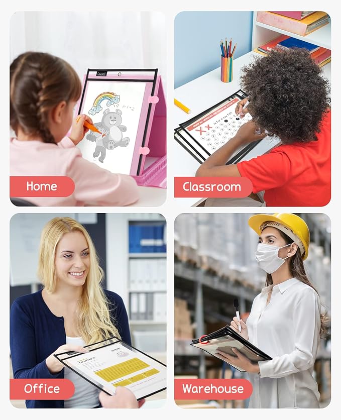 GAMENOTE 30 Pack Dry Erase Pockets, 10x14 Reusable Sleeves, Black | 30 reusable PVC pockets hold 8.5 x 11 and 9 x 12 sheets; double sided wipe clean surfaces, pen loops, eyelets, and 5 rings - Image 7