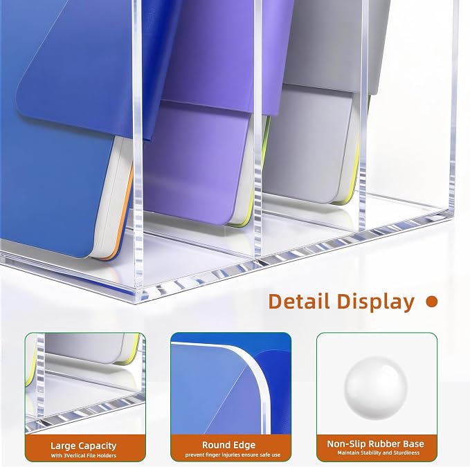 Clear Acrylic 3-Slot Magazine File Holder, Vertical Desk Organizer | 3 extra-wide compartments hold magazines, files, books, tablets. 5mm thick clear acrylic, non-slip base. No assembly. - Image 5