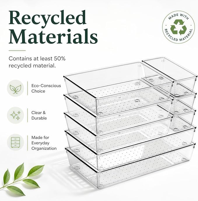 8 Pack Large Clear Plastic Drawer Organizer Bins - Acrylic Bathroom Drawer Organizer Trays - Heavy Duty Kitchen Drawer Dividers for Utensils - Non-Slip Storage Bins for Makeup, Bedroom, Office Desk - Image 3