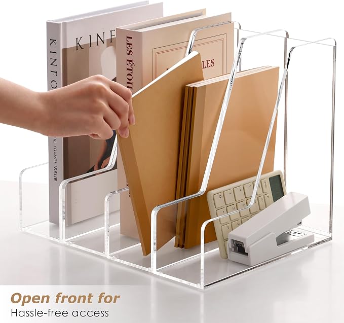 SANRUI 4 Pack Clear Acrylic Vertical File Organizer, Desk Organizer and Storage Bins Holding for Magazines, Binders, Notebooks, Envelopes, Multi-purpose Document Organizer for Home Office - Image 4