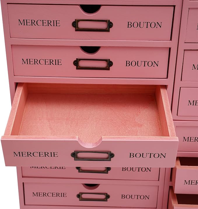 4PCS Vintage Wooden Drawer Organizer, 16-Drawer Stackable Storage Cabinet | Solid Pine Wood | 4-Tier | 35 Lbs Capacity | Iron Label Holders | Fully Assembled | For Office, Home, Craft Room (Pink) - Image 7