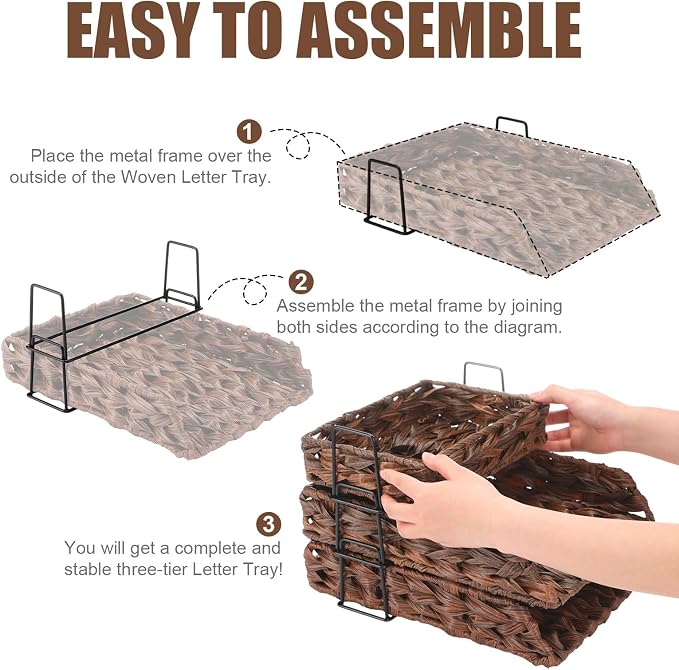 3 Pack Water Hyacinth Woven Stackable Desk Organizer Letter Tray, Brown Tabletop Desk Basket for Storage Paper Letter Folders Notebooks Copy Print, Workspace Holder - Image 3