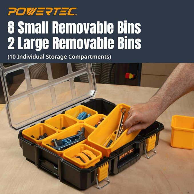 POWERTEC Small Parts Organizer & Tool Box – 10 Compartments, IP65 Water & Dust Protection, Stackable Storage with Interlocking Latch, Removable Tray, Clear Lid, Portable Design (72365) - Image 3