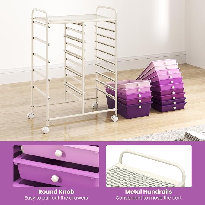 DORTALA 15-Drawer Rolling Storage Cart with Drawers, Rolling Utility Cart w/Removable Drawers & Universal Wheels, Tools Scrapbook Paper Organizer for School, Office, Home, Classroom (Gradient Purple) - Image 5