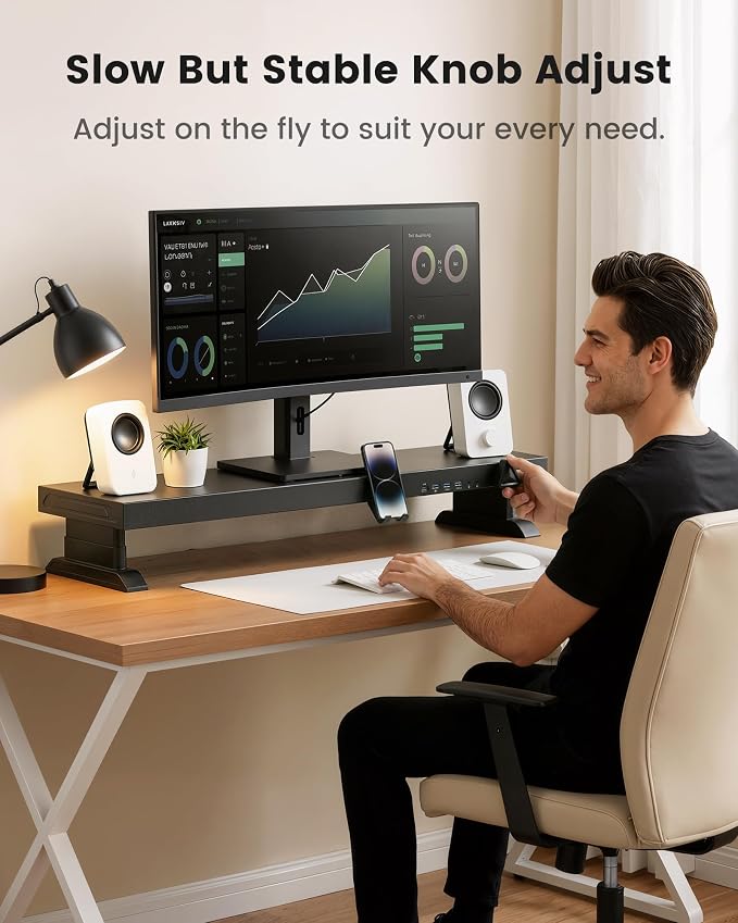 Height Adjustable Dual Monitor Stand Riser with 6-Port USB Hub, Black | Fits Dual 27" Monitors, Charge & Sync Multiple Devices, Ergonomic Height, Solid Steel Material, Cable Management, Quick Setup - Image 4