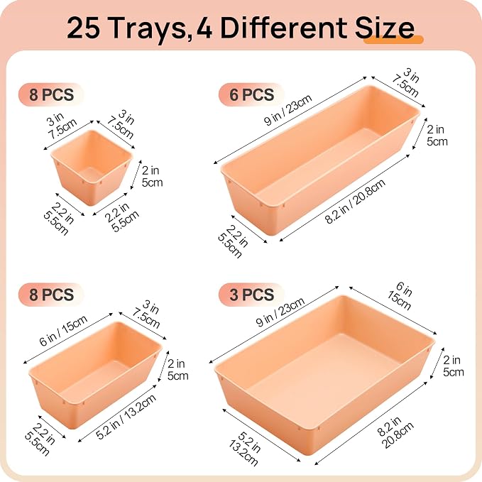 Vtopmart 25 Pack Plastic Drawer Organizers with Non-slip Rubber Pads | 4-Size Versatile Makeup Organizer, Storage Containers Small Bins for Makeup, Jewelries, Bedroom, Kitchen Utensils and Office - Image 2