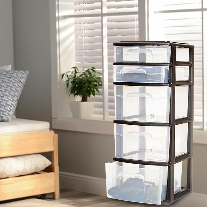 HOMZ Drawer Tower, 5-Tier Storage Organizer Unit, Black Frame | Plastic Organizer with Clear Bin Drawers for Bedroom, Bathroom, Home Office, and Dorm Rooms - Image 2