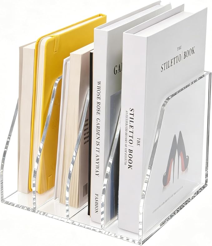 Lovemolly Acrylic Magazine File Holder – 4-Slot Clear Desk Organizer, Vertical Document Sorter for Office, Home & Classroom, No-Assembly Tabletop Rack for Folders, Books & Tablets, 7.09x8.07x6.3 in by Unknown