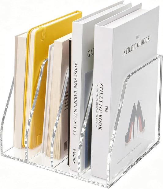 Lovemolly Acrylic Magazine File Holder – 4-Slot Clear Desk Organizer, Vertical Document Sorter for Office, Home & Classroom, No-Assembly Tabletop Rack for Folders, Books & Tablets, 7.09x8.07x6.3 in by Unknown