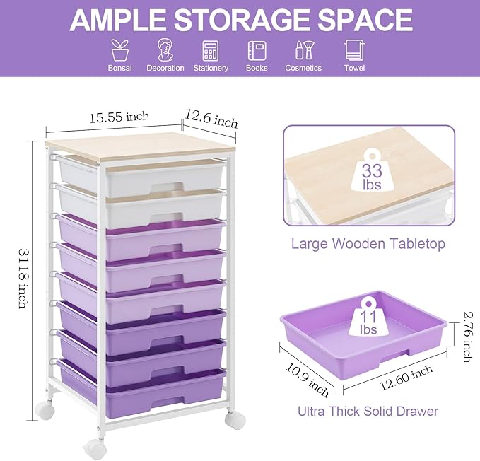 SYKIARIOL Rolling Cart with Drawers,8 Drawers Storage Cart,Purple | Craft Organizers and Storage with Wooden Tabletop for Living Room,Classroom,Bedroom,Bathroom,Dorm,Office - Image 2