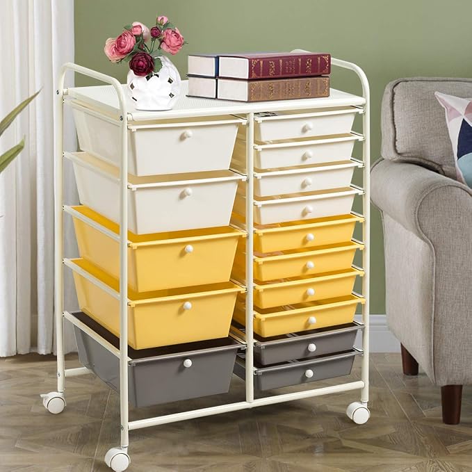 Giantex 15-Drawer Organizer Cart Office School Storage Cart Rolling Drawer Cart for Tools, Scrapbook, Paper (Yellow) - Image 9