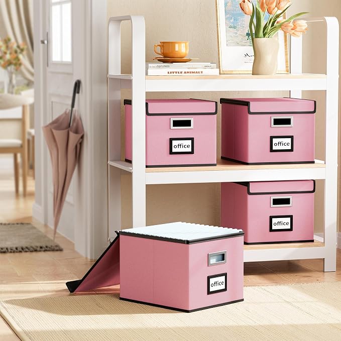 File Organizer Box with Lids, Collapsible File Folder Organizer | File Box with Plastic Slides for Office Document Storage, Filing Bin for Letter Size Hanging File Folders (1 Pack, Pink) - Image 2