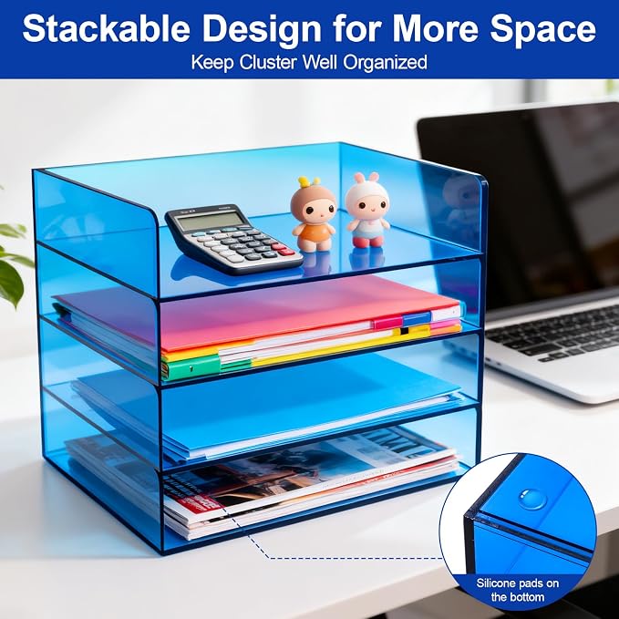 Gelite Acrylic File Organizer for Desk 4 Tiered Stackable Letter Tray Office Paper Storage Desktop Document Sorter, Blue - Image 6