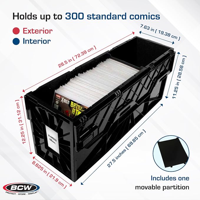 BCW Long Comic Book Bin - 1 Pack | Heavy Duty Comic Book Storage Box | Stackable Comic Bin Organizer for 300 Comics Each | Acid-Free Plastic Comic Book Box with Divider & Label Slot - Image 3