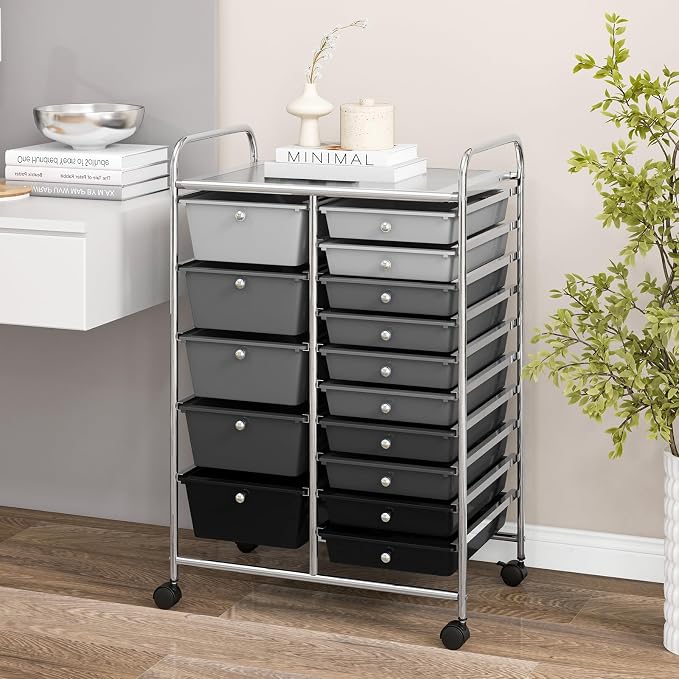 DORTALA 15-Drawer Rolling Storage Cart with Drawers, Rolling Utility Cart w/Removable Drawers & Universal Wheels, Tools Scrapbook Paper Organizer for School, Office, Home, Classroom (Gradient Black) - Image 2