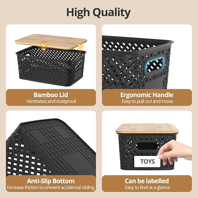 Plastic Storage Bins with Bamboo Lids, Stackable Small Box Baskets for Organizing and Containers for Shelves Drawers Desktop Closet Pantry Classroom Office Home, 6 Pack 10.2x7.2x4.1 Inch, Black - Image 3