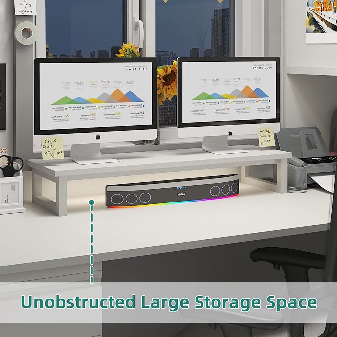 YAOHUOO Dual Monitor Stand Riser, 39Inch Large Monitor Stands for 2 Monitors, Computer Monitor Stand, Wooden Desktop Oraganizer Shelf for Office Desk Computer,Laptop,TV - Image 2