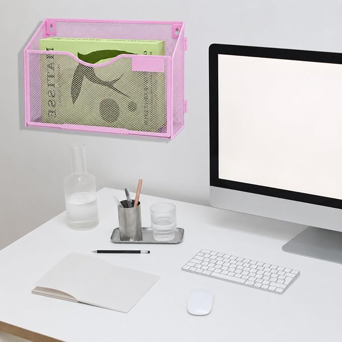 1 Pocket Mesh Wall File Holder Organizer Office Hanging File Folder Magazine Rack, Nametag Label Hooks Set Included (Pink) - Image 6