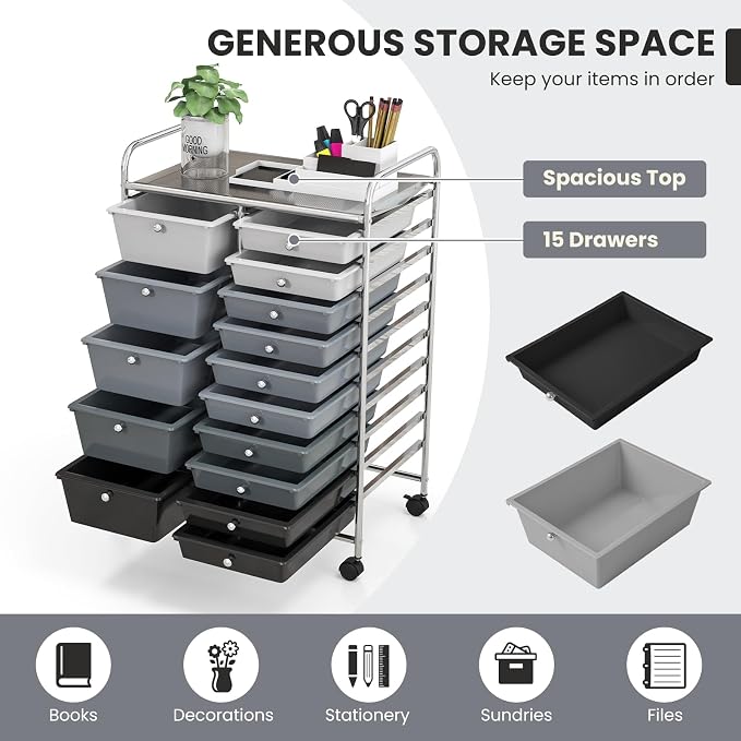 GOFLAME 15-Drawer Rolling Storage Cart, Craft Storage Cart with Removable Drawers & Lockable Wheels, Art Cart Supply Storage Organizer for Home Office Classroom, Gray Gradient - Image 4