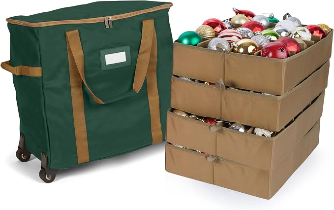 Covermates Keepsakes Rolling Adjustable Ornament Storage Bag – Heavy-Duty Polyester, FlexGrid Trays & Padded Dividers – Protective Holiday Organizer with Wheels, Handles & ID Window, Green by Covermates