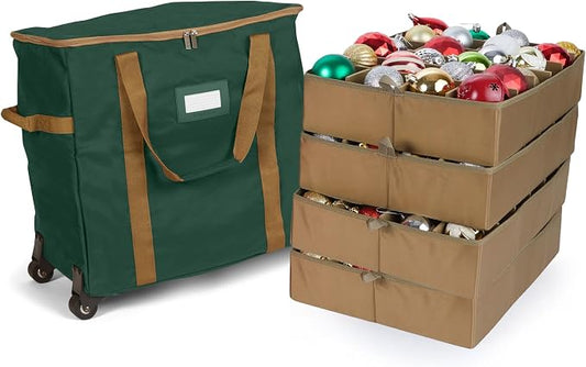 Covermates Keepsakes Rolling Adjustable Ornament Storage Bag – Heavy-Duty Polyester, FlexGrid Trays & Padded Dividers – Protective Holiday Organizer with Wheels, Handles & ID Window, Green by Covermates