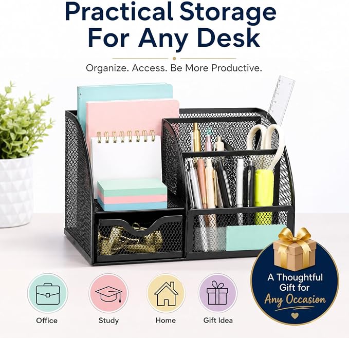 Exerz Desk Organizer 7 Compartment Pencil Holder Office Tidy Caddy Black | Metal Mesh Caddy for Pens Notes Paper Clips and Small Desk Items Compact Stylish for Home Office Study - Image 4