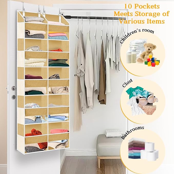Over the Door Organizer 5 Tiers,Extra Large Behind Door Storage of 10 Compartments,80 lbs Weight Capacity Over the Door Storage, Door Hanging Organizer for Closet, Diaper Organizer, Camel - Image 5