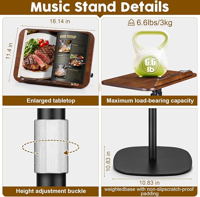 2 in 1 Dual-use Music Stand & Desktop Book Stand, Adjustable Height 16.5"-51", 100% Solid Wood Laptop Floor Stand Book Holder with Elastic Page Clips for Cookbooks (Black Walnut with Tray) - Image 7