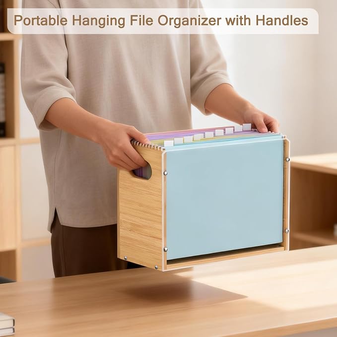 Sbanmao Acrylic Wall File Organizer, Hanging File Folder Organizer with Handle, Bamboo File Box File Crate Storage Box, Portable Filing Organizer for Home Office Classroom (Letter Size, 2 Pack) - Image 8