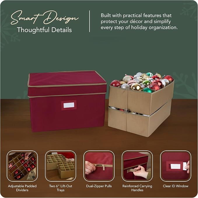 Covermates Keepsakes Adjustable Ornament Storage Box – Heavy-Duty Polyester, Padded Dividers & FlexGrid Trays – Protective Holiday Organizer with Stackable Walls & Label Window, Red - Image 4