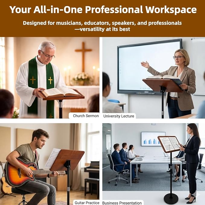 2 in 1 Multiplel-Use Music Stand with Light, Book Holder for Reading, Height Adjustable 18''-55'' Bible Shtender, Portable Podium Stand, Wood Table Stand for Laptop, Classroom, Church, Speech - Image 4