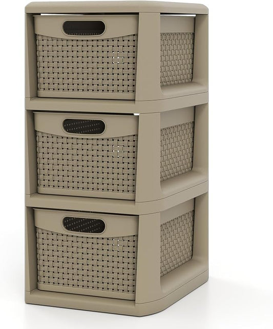 Giantex 3-Drawer Storage Organizer, Plastic Wicker Tower Baskets, Counterop & Under-desk Compact Container Boxes for Office, Bedroom, Bathroom, Living Room, Taupe by Giantex