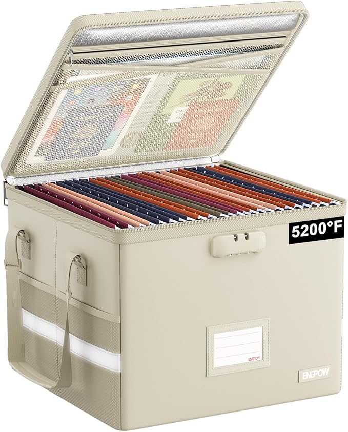 ENGPOW 5200°F File Box Fireproof Document Box with Lock,Heat Insulated Collapsible File Storage Organizer Box with Handle,Portable Home Office File Cabinet for Hanging Letter/Legal Size Folder, Beige by ENGPOW