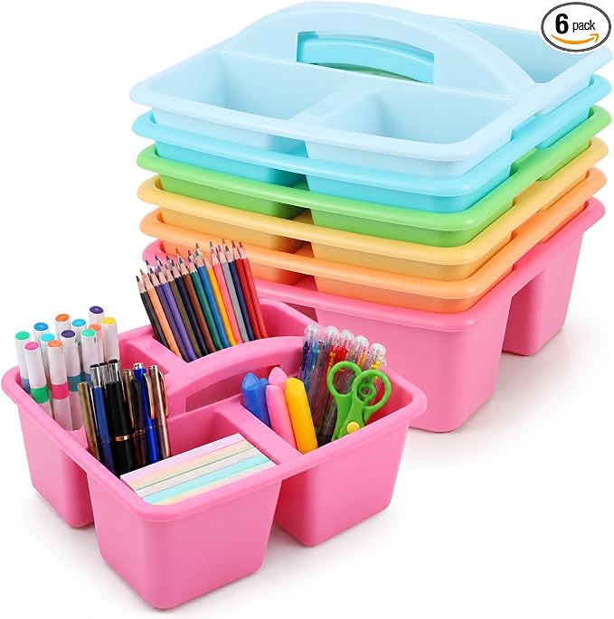 6 Pack Assorted Colors Classrooms Caddy 4 Compartment Classroom Caddy Compartment Caddies Set Table Caddies Classrooms with Handle for Classroom Organization Table Desk Office Supplies(Pastel) by Yakydesign