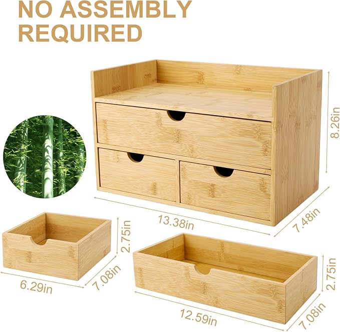 Charmewooden Bamboo Desk Organizer With Drawers Countertop Drawers Counter Storage Box Corner Desk Organizer for Home Office No Assembly Required (3 Drawers with shelf) - Image 2