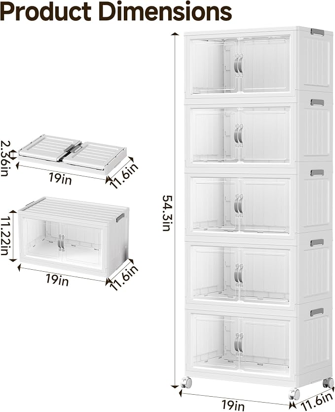 Hanyi 175 QT Stackable Storage Bins with Lids, 5 Tier Collapsible Plastic Storage Cabinet with Magnetic Doors, Removable Top Lid, Locking Wheels, Closet Organizer for Bedroom, Pantry, Office - Image 2