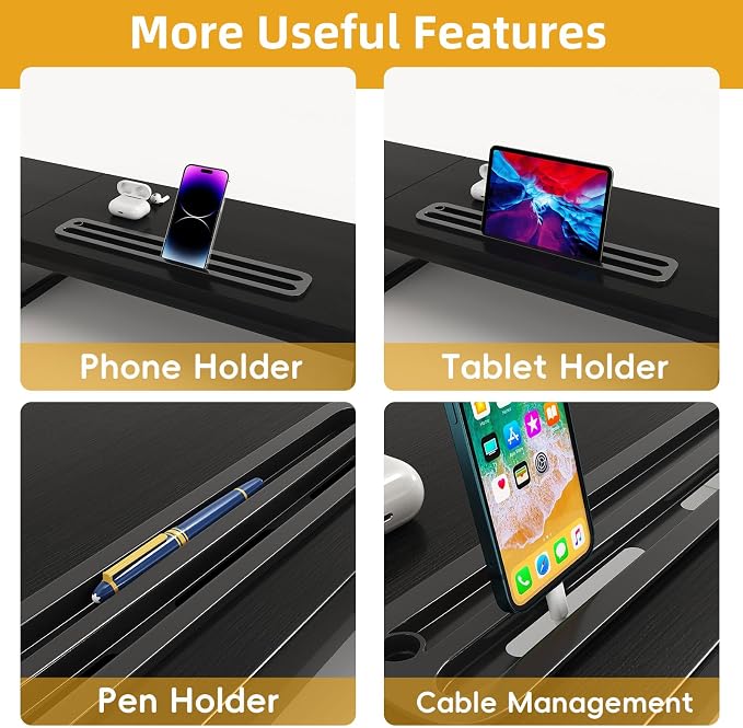39 Inch Dual Monitor Stand Riser with 2 Drawers - Large Black Wooden Computer Stand for 2 Monitors, Ergonomic Desk Organizer with Phone Holder, Desktop Storage for Laptop, Office Supplies, Home Office - Image 5