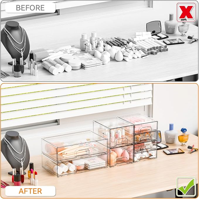 8 Pack Clear Stackable Storage Drawers,Acrylic Drawer Organizer for Medicine,Palettes,Hair Accessories and Makeup Organizer,Plastic Drawers for Cabinet,Office,Desk,Bathroom Storage Containers - Image 5