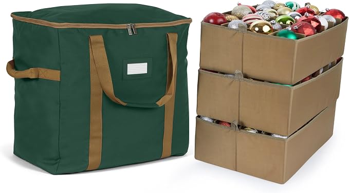 Covermates Keepsakes Adjustable Ornament Storage Bag – Heavy-Duty Polyester, Padded Dividers & FlexGrid Trays – Protective Holiday Ornament Organizer with Handles & Label Window, Green by Covermates