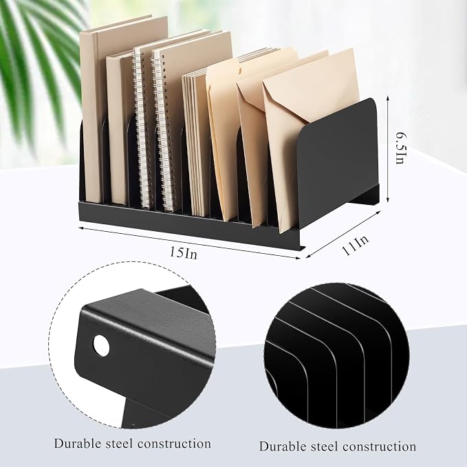 Suzile Metal Desktop File Organizer, 8 Compartments, Vertical File Sorter, Black, 11.02 W x 14.96 L x 6.30 H, Office, Reception Areas, Workspace(Rectangle) - Image 2