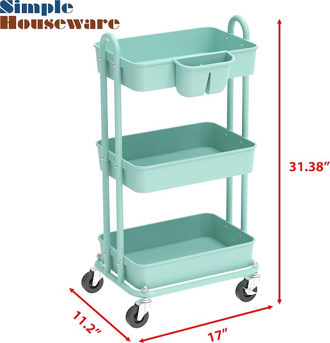 Simple Houseware 3-Tier Rolling Utility Cart with Hanging Bucket, Turquoise | Storage for Bathroom, Kitchen, Office, Study Room, Nursery Diaper - Image 3