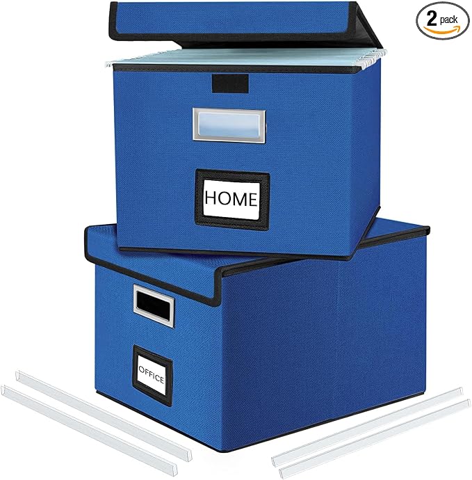 File Organizer Box with Lids, Collapsible File Folder Organizer | File Box with Plastic Slides for Document, Filing Bin for Letter Size Hanging File Folders (2 Pack, Royal Blue) by Huolewa