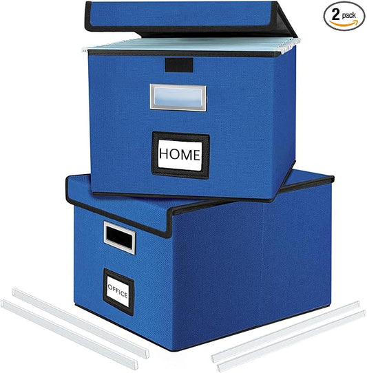 File Organizer Box with Lids, Collapsible File Folder Organizer | File Box with Plastic Slides for Document, Filing Bin for Letter Size Hanging File Folders (2 Pack, Royal Blue) by Huolewa