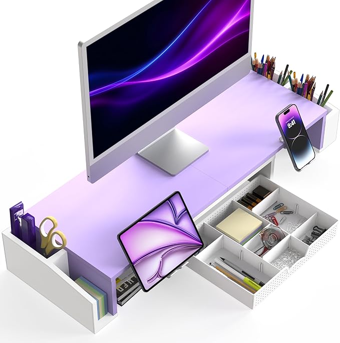 Simple Houseware Desk Dual Monitor Stand Riser with Drawer, Purple | Customizable Organizer Tray, Built-In Phone & Tablet Slot and Side Storage - Image 2